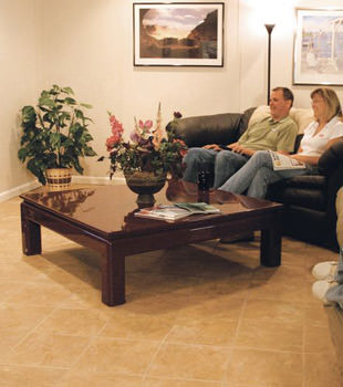 A basement finished into a comfortable family room.